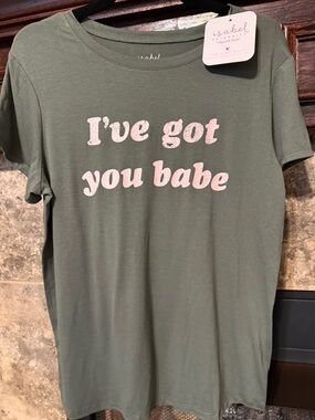 Ingrid & Isabel Olive Green Short Sleeve Maternity Tee Pink Script Womens XS NWT